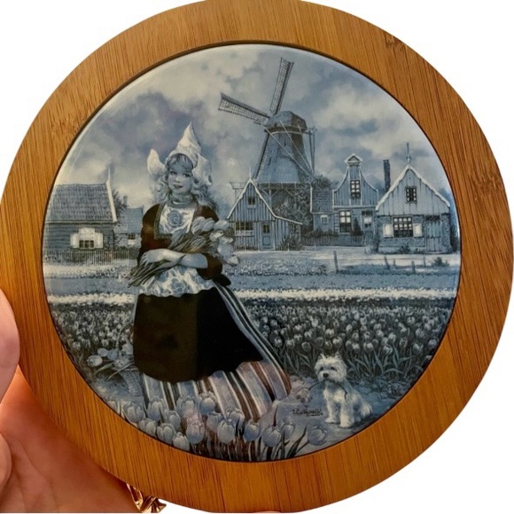 Dutch Tile Wall Hanger Ter Steege by Delft Blue Made in Holland Girl with Tulips - Picture 2 of 7